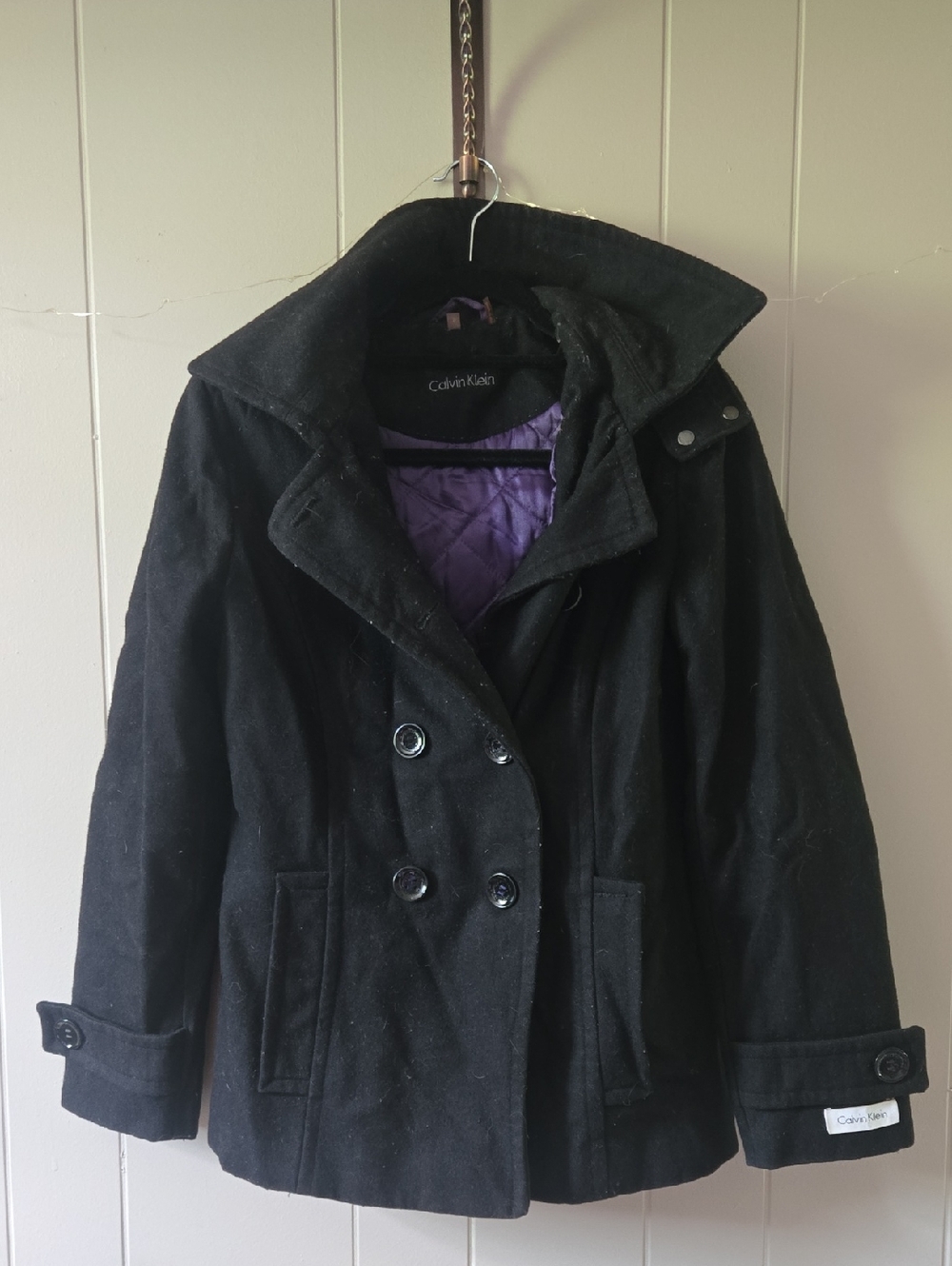 Calvin Klein Black Hooded Peacoat with Quilted Purple Lining